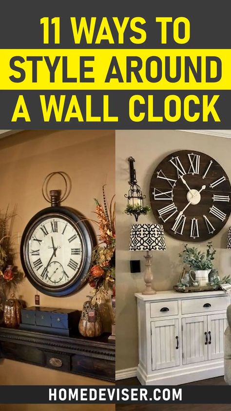 How To Decorate Around a Wall Clock? - Home Deviser Wall With Big Clock Home Decor, Decor With Clocks On Wall, Where To Hang Large Wall Clock, Wall Clock With Photo Frames, Decorating Around A Clock On The Wall, Wall Clock Gallery Wall, Fireplace With Clock Above, Decorating Around Large Clock Wall Ideas, Vintage Clocks Aesthetic