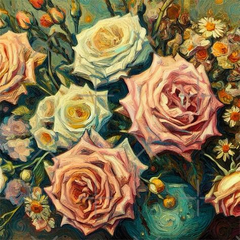 Star Fragment, Painting Of Roses, Van Gogh Style, Flowers Oil Painting, Floral Oil Paintings, Floral Oil, Rose Bush, Chamomile Flowers, Oil Painting Flowers