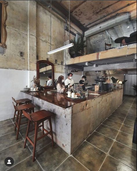 Industrial Style Cafe Interior, Coffee Bar Industrial Design, Brick Cafe Design, Warehouse Cafe Design, Concrete Bar Design, Loft Restaurant Design, Coffee Bar Industrial, Industrial Coffee Shop Design, Japanese Cafe Interior