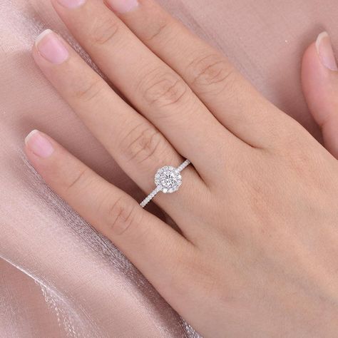 Unique Engagement Rings Halo, Wedding Ring White Gold, Moissanite Halo Ring, Petite Ring, Wedding Rings Halo, White Gold Engagement Ring, Ring White Gold, White Gold Wedding Rings, Engagement Rings Round