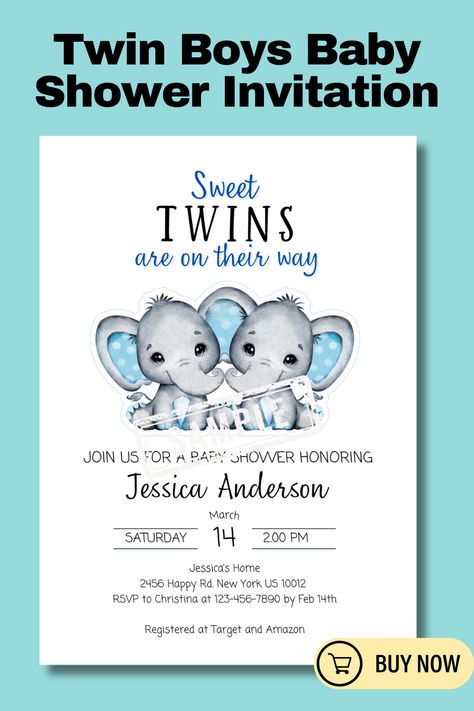 Looking for a twin baby shower invitation that you can fully customize in Canva? Here is an adorable twin boys elephant baby shower printable you can fully edit to meet your needs! 
With your purchase you get the 5"x7" version as well as the 8.5"x11" version that has two invitations per page when you print it out.
On both copies you can fully customize the names, date, time, address, registry details, and more. Twin Boy And Girl Baby Shower Ideas, Twin Theme Baby Shower Ideas, Twin Baby Shower Ideas Theme, Twin Boy And Girl Baby Shower, Twin Boys Baby Shower, Theme Baby Shower Ideas, Boy Baby Shower Invitations, Baby Shower Planner, Raising Twins