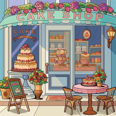 Cute Bakery, Space Phone Wallpaper, Anime Hands, Building Drawing, Fun Arts And Crafts, Shop Illustration, Cottage Art, Painted Cakes, Color Palette Design