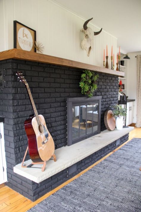 Our Black Painted Fireplace, Black Brick Fireplace, Black Fireplace www.BrightGreenDo... Black Brick Fireplace, Painted Brick Fireplace, Painted Brick Fireplaces, Paint Fireplace, Brick Fireplace Makeover, Black Fireplace, Fireplace Remodel, Home Fireplace, Painted Brick