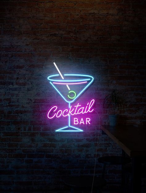 Do you like your local bar's atmosphere and want to have a bar at home? Our Neon bar signs collection can transform any corner of your home into a perfect and stylish bar. Make your home bar stand out with a classic Cocktail Bar sign to brighten the walls with quirky neon art, and add other smaller signs shaped like food, drinks, or popular sports and beer brands. Neon signs are all the rage now, and all you have to do is choose your color and size, and we will customize it for you according to Neon Cocktail Sign, Neon Food Sign, Neon Bar Aesthetic, Cocktail Bar Interior Design, Cocktail Bar Aesthetic, Soju Bar, Neon Signs Aesthetic, Bar Signs For Home, Neon Bar Lights