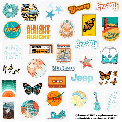 Orange and Teal Stickers - Phone Case Stickers Printables, Teal Stickers, Printables Aesthetic, Aesthetic 60s, Stickers Cool, Penanda Buku, Homemade Stickers, Cute Laptop Stickers, Iphone Case Stickers