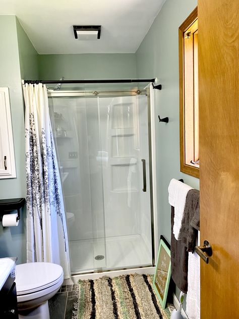 Even if it’s a stand up shower, the curtain can add a nice touch to hide    stuff. Single Shower Stall Curtain Ideas, Stand Up Shower Ideas Curtain, Standing Shower With Curtain, Stand Up Shower With Curtain, Shower Curtain Over Glass Door Ideas, Cubicle Door, Bathroom Shower Doors, Standing Shower, Stall Shower Curtain