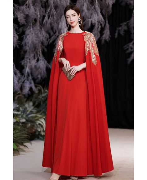 Buy stunning red flowy formal long evening dress with sequined cape at wholesale price online. Free shipping and pro custom service since 2009. Cape Dress Long, Cape Dresses, Delicate Gown, Cape Wedding, Timeless Glamour, Cape Wedding Dress, Red Cape, Long Evening Dress, Chiffon Evening Dresses