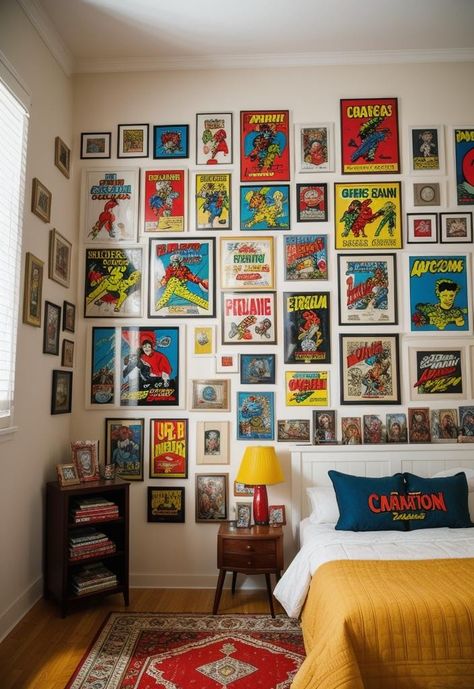 Comic Book Interior Design, Pop Culture Decor Interior Design, Comic Book Decor, Pop Culture Bedroom, Pop Culture Decor, Comic Room Ideas, Vintage Room Ideas Retro, Geek Living Room, Comic Bedroom