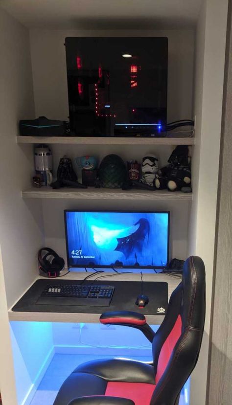 New apartment new gaming nook. Small Closet Gaming Setup, Small Gaming Area In Bedroom, Gaming Closet Setup, Compact Gaming Setup, Small Gaming Corner Ideas, Gaming Nook Small Spaces, Tiny Gaming Setup, Gaming Cupboard, Gaming Corner Ideas