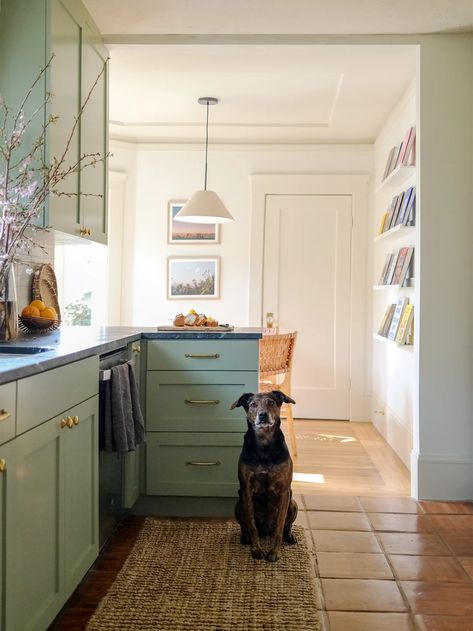 Burnt Orange Tile, Kitchen Terracotta Floor, Kitchen With Terracotta Floor, Terracotta Kitchen Floor, Sage Cabinets, Terracotta Kitchen, 1920s Craftsman, 1920s Kitchen, Terracotta Floors