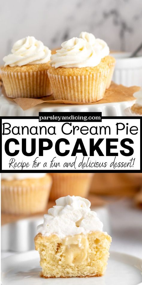 Banana Cream Pie Cupcakes, Cream Pie Cupcakes, Banana Frosting, Cream Pie Filling, Recipes Banana, Pie Cupcakes, Banana Cupcakes, Banana Cream Pie, Desserts Easy