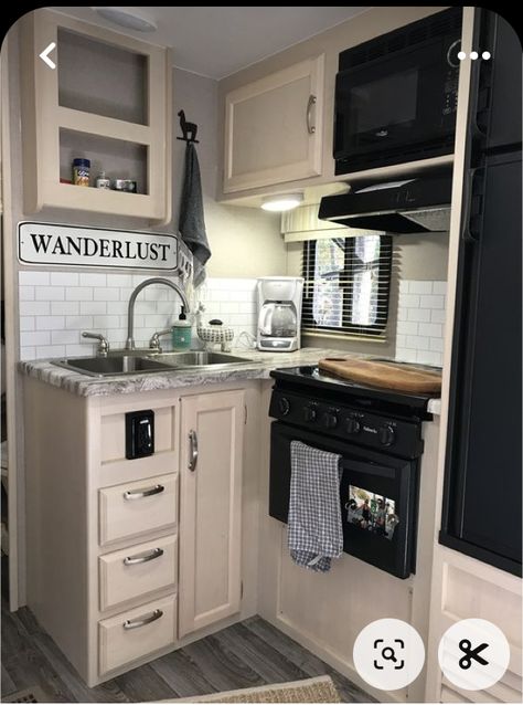 Bedroom Ideas Black, Tiny Kitchen Design, Rv Interior Remodel, Camper Interior Design, Tiny House Camper, Small Apartment Kitchen, Shed To Tiny House, Basement Kitchen, Tiny House Floor Plans