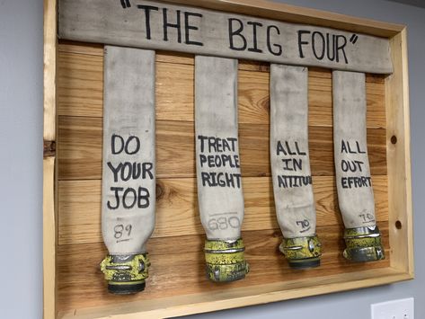 The Big Four. Made with 2 inch hose. Firefighter Decorations, Fire Station Decor, Firehose Crafts, Firefighter Quotes Motivation, Fire Hose Projects, Fire Department Decor, Fire Hose Crafts, Fire Dept Decor, Firefighter Home Decor