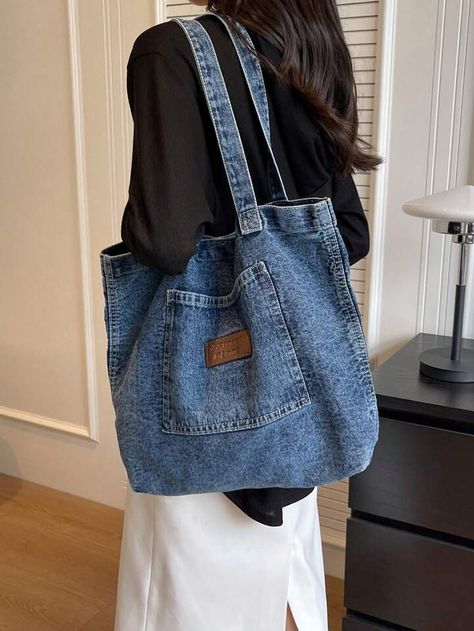 Denim Tote Bags Diy, Jean Tote Bag Diy, Flat Bottom Tote Bag Pattern, Jeans Tote Bag Diy, Tote Bag Jeans, Jeans Bags Ideas, Jean Tote Bag, Denim Patchwork Bag, Jeans Tote Bag