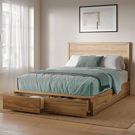 PRICES MAY VARY. CLEAN LINES AND MITERED CORNERS - Keep it simple, keep it sleek. The DG Casa Colten Queen Storage bed makes clean lines and sharp design look oh so fine! The natural wood grain of this storage bed with headboard brings out the best of simplicity through expert craftsmanship. STRATEGIC STORAGE BED – The two storage drawers on the footboard of this queen size bed frame provide ample space to hold all your extras. Shoes, slippers, pjs, bed linens, or extra chargers for when your ph Wooden Bed Frame With Storage, Queen Size Wooden Bed, Bed Frame With Storage Drawers, Modern Wood Bed, Wooden Bed With Storage, Queen Storage Bed, Bed Designs With Storage, Simple Bed Frame, Platform Bed With Drawers