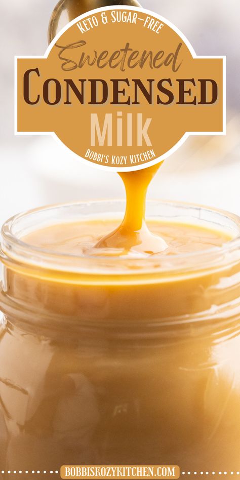 Image shows a close up of keto sweetened condensed milk drizzling from a silver spoon into a glass mason jar full of it. Low Carb Sweetened Condensed Milk, What Can You Substitute For Sweetened Condensed Milk, How Do You Make Sweetened Condensed Milk, Make Your Own Sweetened Condensed Milk, Keto Condensed Milk, Sugar Free Condensed Milk, Condensed Milk Recipe, Homemade Sweetened Condensed Milk, Keto Flour