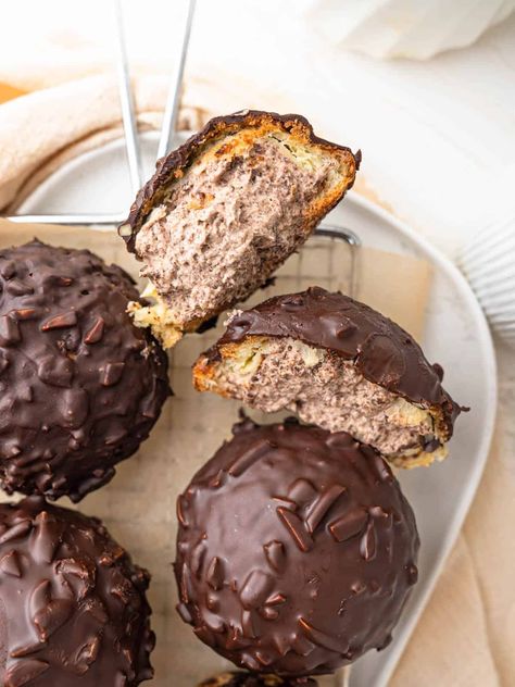 Chocolate Cream Puffs - Catherine Zhang Chocolate Cream Puffs, Catherine Zhang, Cream Puff Filling, Choux Puff, Chocolate Cream Puff, Crunchy Chocolate, Cream Puff Recipe, Custard Cream, Chocolate Custard