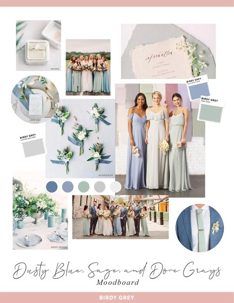 Bridesmaid Palette, Best Friend Christmas Gifts, Art Gallery Wedding, Birdy Grey, Mismatched Bridesmaid Dresses, Blue Sage, Wedding Palette, Wedding Theme Colors, Blue Bridesmaid Dresses