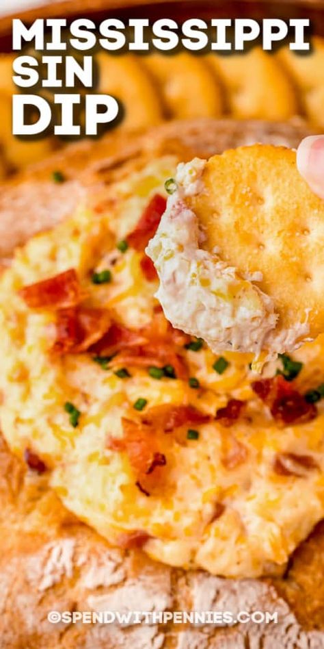 Mississippi Sin Dip is a deep south dish made with bacon and loaded with cheddar cheese and zesty spices. This creamy dip is super easy to bake and serve in a bread bowl. #spendwithpennies #mississippisindip #appetizer #dip #recipe #simple #bacon #easy #deepsouth #dish #parties Ms Sin Dip, Hot Bread Dip, The Best Dip In The World, Dips And Appetizers For Parties Appetizer Recipes, Appetizer Dips Easy, Dipmas Party, Hot Dips Recipes, Savory Dips For Parties, Bread Dip Recipes