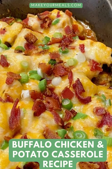 Buffalo Chicken & Potato Casserole that has melted cheese, bits of bacon, and chopped green onion on top. From makeyourmeals.com. Buffalo Ranch Sauce, Buffalo Chicken Potato, Shredded Chicken Casserole, Bacon Potato Casserole, Chicken Potato Casserole, Recipes Using Rotisserie Chicken, Red Potato Recipes, Bacon Casserole, Ranch Sauce