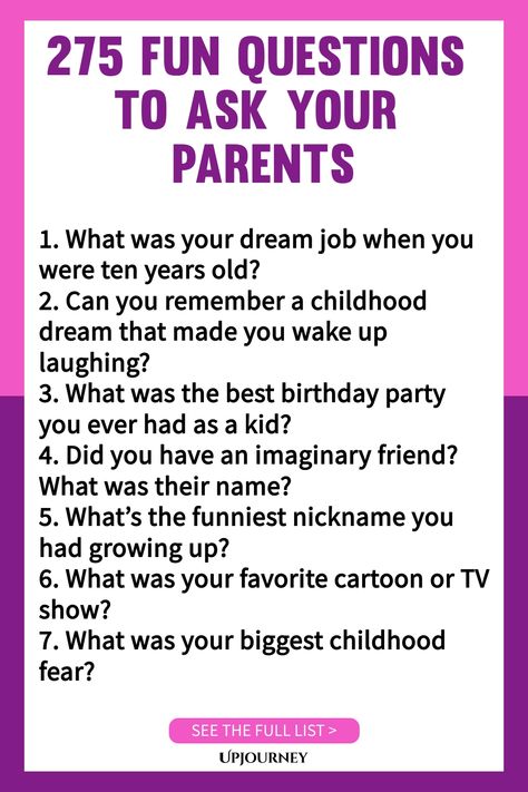 Explore our list of 275 fun and engaging questions to ask your parents! Strengthen your bond, dive into meaningful conversations, and create lasting memories together. Whether you're looking for light-hearted chatter or deep discussions, this compilation has something for everyone. Enjoy quality time with your parents today! Questions To Ask Parents, Questions To Ask Your Mom, Questions To Ask Your Parents, Family Questions, Funny Games For Groups, Thoughtful Questions, Work Etiquette, Deep Conversation Starters, Psychology Terms