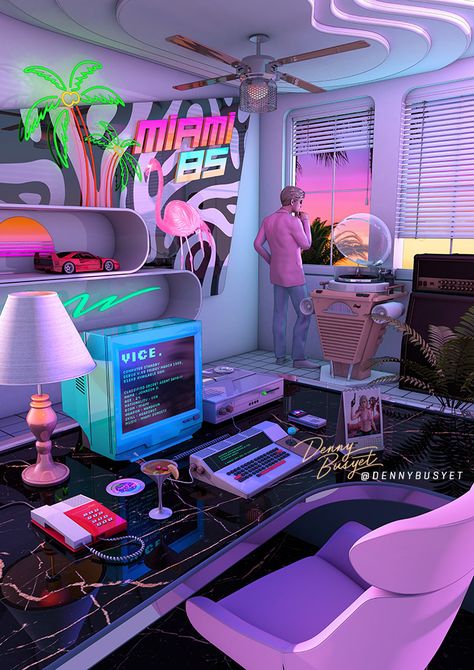 Miami 80’s Aesthetic Nostalgia, A Retro Design That inspired by synthwave , retrowave and vaporwave style. Dreamlike Artwork by dennybusyet Vaporwave Room, Miami Aesthetic, Vaporwave Wallpaper, Bg Design, Neon Room, New Retro Wave, Retro Room, Vintage Room Decor, Neon Aesthetic