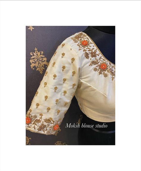 Instagram post by Moksh Blouse Studio • Feb 17, 2021 at 3:05pm UTC White Work Blouse Designs For Saree, Cream Colour Maggam Work Blouse, White Blouse Work Designs Latest, Dresses Anarkali, Blouse Works, Maggam Work Blouse, Blouse Designs Catalogue, Pattu Saree Blouse Designs, Saree Blouse Neck Designs