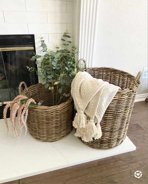 Baskets Fireplace, Fireplace Basket, Living Room Basket, Throws In Basket Living Rooms, Baskets For Wood Fireplaces, Throw Baskets Living Rooms, Decorating With Wicker Baskets, Basket With Blankets, Wicker Basket Decor Ideas Living Room