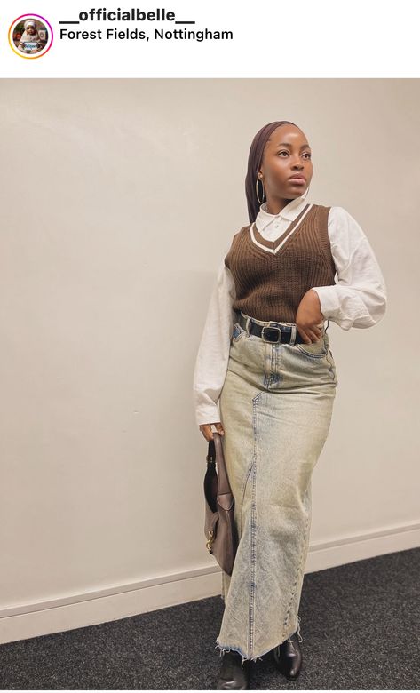 Church School Outfits, Long Skirt Modest Outfits, Earthy Modest Outfits, Modest Thanksgiving Outfit, Long Jean Skirt Outfits Black Women, Church Girl Outfits Black Women, How To Dress Modestly, Girly Modest Outfits, Modest Outfits Plus Size