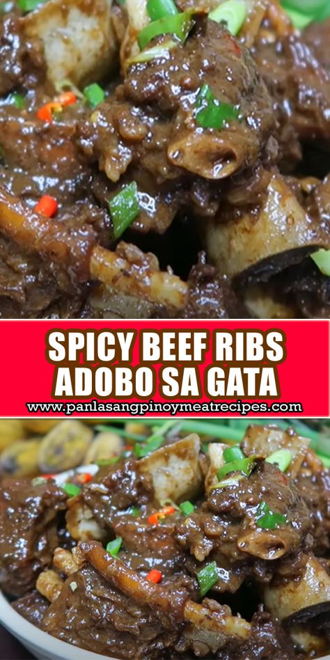 Spicy Beef Ribs Adobo Sa Gata is a delectable Filipino dish featuring tender beef ribs cooked in a flavorful blend of soy sauce, coconut milk, and spices. #SpicyBeefRibs #AdoboSaGata Adobo Ribs Filipino, Filipino Beef Recipes, Asian Ramen Noodle Salad, Asian Ramen, Ramen Noodle Salad, Filipino Recipe, Filipino Dish, Filipino Style, Spicy Beef