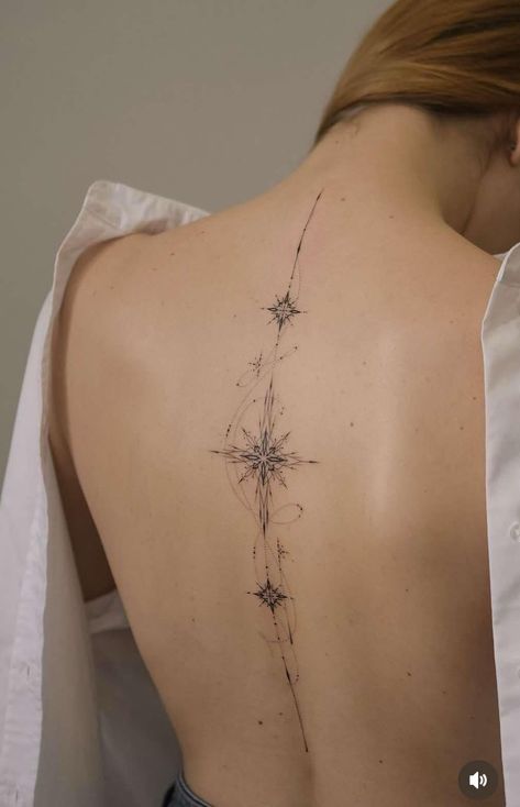 Star Tattoo On Back Of Neck, Star Tattoos Spine, Snowflake Spine Tattoo, Lightning Bolt Spine Tattoo, Universe Spine Tattoo, White Ink Spine Tattoo, Spine Tattoo Space, Star Spine Tattoos For Women, Spine Tattoo Stars