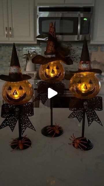 Laura Jeanne on Instagram: "I found the easiest DIY Halloween lanterns on Pinterest and immediately headed to Dollar Tree 🎃 **I did spend an extra $2 at Michael’s on a decorative witch pick because the DT witch hats were not great.  The paint and glitter would chip like crazy. 😭 #halloweendecor #halloween2024 #HalloweenVibes #fypviralシ #foryoupageシ #spookyseason #Halloween #dollartreecrafts #diycrafts" Diy Halloween Centerpieces, Halloween Centerpieces Diy, Diy Halloween Lanterns, Halloween Centerpiece Ideas, Dollar Tree Halloween Crafts, Dollar Tree Halloween Diy, Pumpkin Candlesticks, Halloween Lanterns Diy, Dollar Tree Halloween Decor