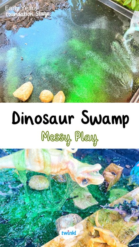 A dinosaur swamp makes the perfect messy play! A lovely dinosaur activity to extend children's interests. Dinosaurs Eyfs, Dinosaur Activity, Dinosaur Activities Preschool, Early Years Foundation Stage, Christmas Jumper Day, Dinosaur Activities, Dinosaur Crafts, Messy Play, The Senses