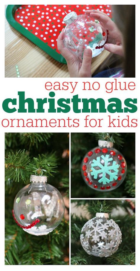 Easy no glue Christmas ornaments for crafting with kids. Great activity to help deck the halls and create fun works of art for your holiday tree. Bauble Crafts For Kids, Diy Clear Ornament Ideas For Kids, Clear Ornament Ideas For Kids, Class Ornaments, Classroom Parent, Ornaments For Kids To Make, Childrens Christmas Crafts, Christmas Ornaments For Kids, Ornaments For Kids