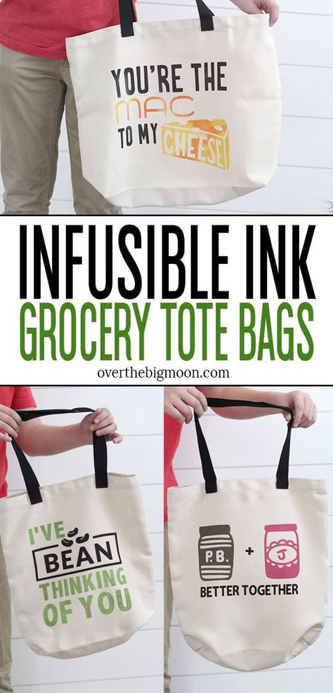 With the help of Cricut Infusible Ink, you can make top quality, professional-looking tote bags at a fraction of the cost! This tutorial will teach you how to make Cricut Infusible Ink Tote Bags with ease! From overthebigmoon.com! Rise In Love, Make Top, Big Moon, Grocery Tote Bag, Food Puns, Family Diy, Cricut Craft, Infusible Ink, Grocery Tote