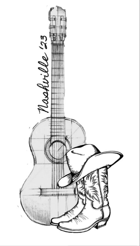 Nashville Guitar Tattoo, Country Guitar Tattoo, Skull Guitar Drawing, Nashville Tatoos, Nashville Themed Tattoos, Country Music Drawings, Country Music Tattoos Men, Country Music Tattoos Ideas, Cowboy Hat And Boots Tattoo