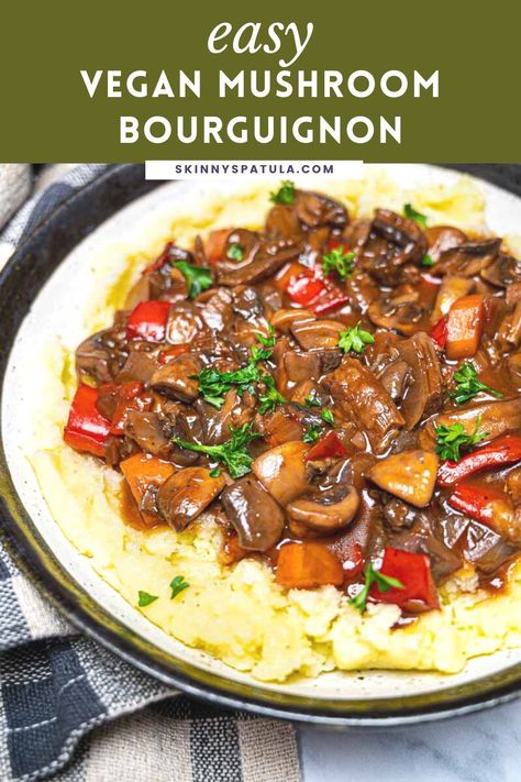 A mushroom lover’s delight, this vegan mushroom bourguignon is rich, flavourful, and super easy to make. Red wine and thyme add depth to this creamy vegan bourguignon made with a mix of porcini and button mushrooms. Serve it over mashed potatoes for an uncomplicated yet satisfying weeknight dinner. #mushroombourguignon #veganbourguignon #veganmushroomstew Vegan Bourguignon, Vegan Mushroom Bourguignon, Lentil Potato Soup, Mushroom Bourguignon, Over Mashed Potatoes, Vegan Mashed Potatoes, Mushroom Stew, Recipe For Breakfast, Vegan Mushroom