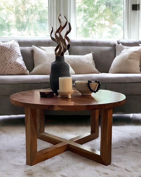 **Order by 2:00pm to qualify for same day shipping!! Spoil yourself and your home with our solid all hardwood round coffee table! Constructed from solid Acacia hardwood (Yep, no hollow wood on this piece!) and hand crafted by artisans, it will certainly be a timeless keepsake treasured for many years. Details: - 100% Solid Acacia Hardwood - 1 1/2" thick table top - Diameter: 36" - Height: 18" - Some assembly required (tools included) FAST and FREE shipping! This item will ship 1-3 days after the order is received.  Free shipping is only eligible to the lower 48 states and DOES NOT include Alaska and Hawaii or any address that does not have a physical address (P.O./APO boxes). If you are receiving in AK or HI please reach out to us for a custom shipping quote.  Customization for this item i Modern Wood Coffee Table Round, Small Centre Table Design, Hardwood Coffee Table, Lounge Coffee Table Ideas, Round Center Table Living Room, Round Coffee Table Rustic, Round Coffee Table Decor, Circle Coffee Table, Wine Lounge