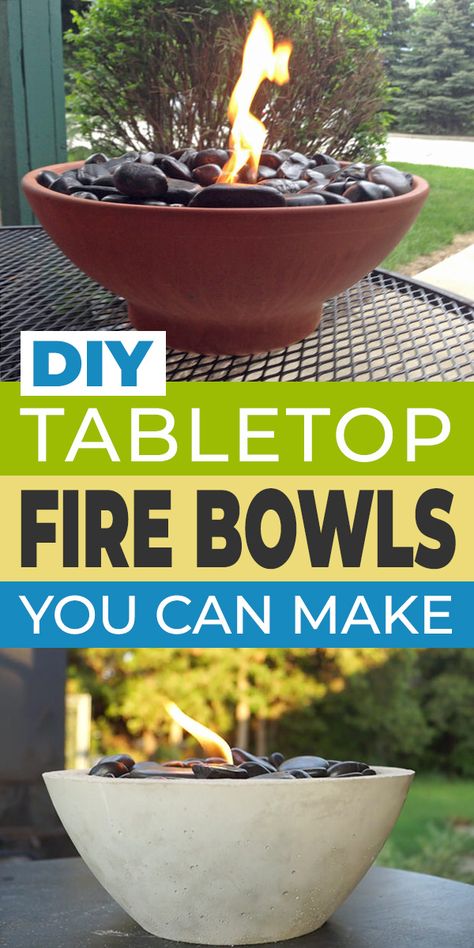 We found some really great and easy DIY tabletop fire bowls (sometimes called tabletop fire pits) that you can make and they add so much to any patio or backyard space! #firebowl #diyfirebowl #tabletopfirebowl #diytabletopfirebowl #garden ideas #diygardenideas #backyardideas Diy Table Top Fire Bowl, Diy Tabletop Fire Pit, Table Top Fire Bowl, Diy Fire Pit Ideas, Diy Patio Ideas, Tabletop Fire Bowl, Diy Tabletop, Tabletop Fire Pit, Hantverk Diy