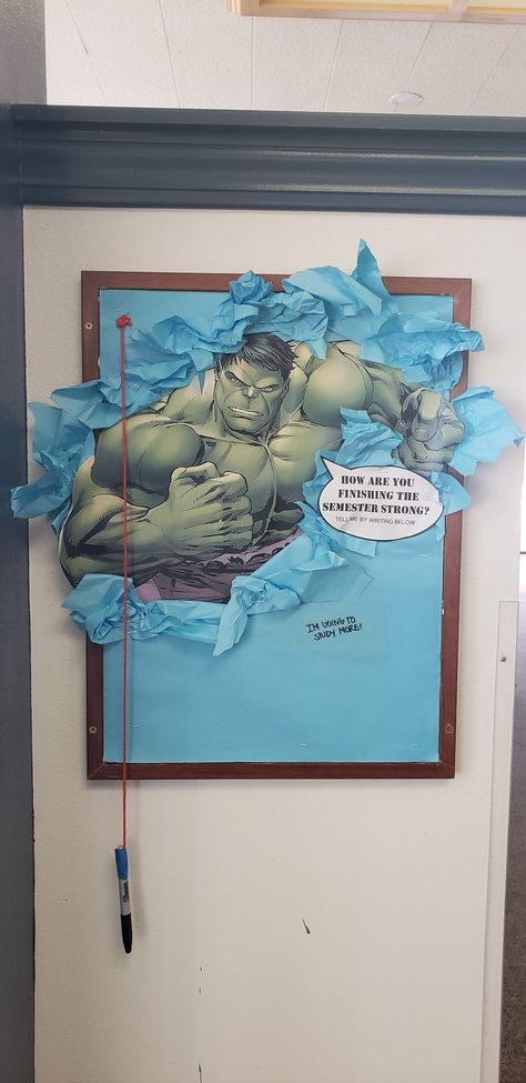 Finish the semester strong Marvel Hulk Marvel Door Decs, Avengers Classroom Theme, Marvel Bulletin Board, Marvel Classroom Theme, Hulk Decorations, Typographic Composition, Superhero Class, High School Bulletin Boards, Bulletin Ideas