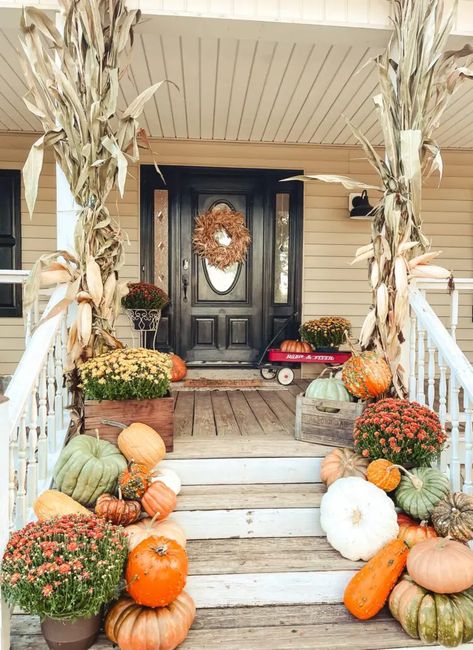 Fall Front Porch Decorating Ideas & Inspiration - Cottage On Bunker Hill Porch Fall Decorating Ideas, Fall Front Porch Decor Ideas, Cottage Porch, Corn Stalks, Fall Entryway, Country Porch, Fall Front Porch Decor, Fall Front Porch, Farmhouse Fall Decor