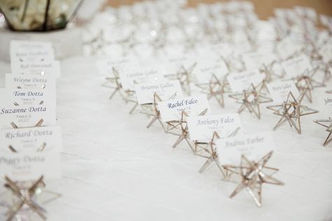 Moravian Star Place Cards and Favors | Chelsea & Kyle | Hotel Bethlehem Wedding | Bethlehem, PA Moravian Star Wedding Decor, Celestial Place Cards, Star Centerpieces Wedding, Celestial Wedding Favors, Celestial Party, Creative Place Cards Wedding, Hotel Bethlehem, Starry Wedding, Star Centerpieces