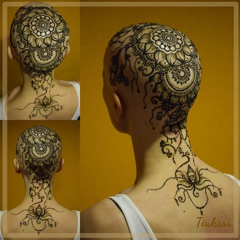 Henna Head Tattoo, Head Tattoo Hair, Head Henna, Bald Head Tattoo, Henna Crown, Henna Flowers, Hairline Tattoos, Scalp Tattoo, Shaved Hair Women