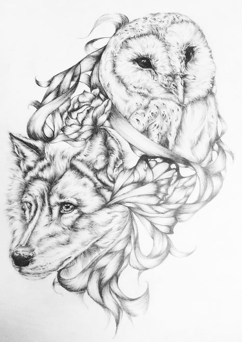 Owl and wolf Wolf Owl Tattoo Ideas, Owl Wolf Tattoo, Owl And Wolf Tattoo, Wolf Drawing Tattoo, Wolf Sleeve, Owl Tattoo Design, Wolf Tattoo Design, Owls Drawing, Wolf Drawing