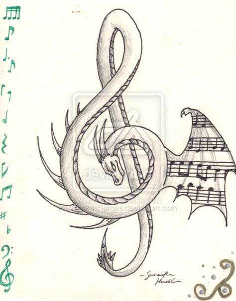 Dragon Treble Tattoo, Japanese Dragon Tattoo Meaning, Clef Tattoo, Treble Clef Tattoo, Dragon Tattoo Meaning, Japanese Dragon Tattoo, Arte Doodle, Music Tattoo Designs, Note Tattoo