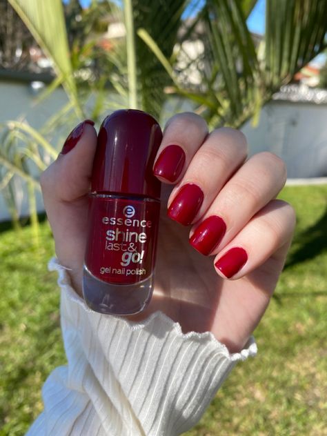 Essence Red Nail Polish, Essence Shine Last And Go, Shades Of Red Nail Polish, Essence Nail Polish Colors, Nail Polish Essence, Dark Red Nail Polish, Essence Nails, French Fade Nails, Burgundy Nail Polish