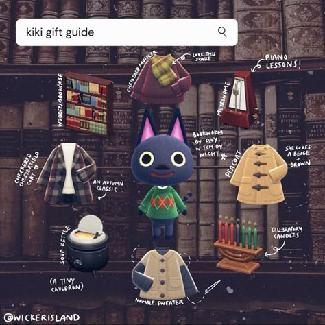 Acnh Kiki Gift Guide, Acnh Villager Gift Guides, Witch Acnh Villagers, Anch Villager Gift Guide, Acnh Villagers Gift Guide, Acnh Gift Guide For Villagers, Animal Crossing Villager Gift Guide, Acnh Kiki Yard, Villager Gift Guide Acnh