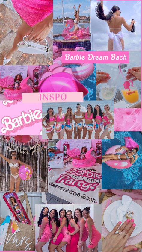 Barbie Rush Theme, Barbie Inspired Outfits Pool Party, Barbie Bachelorette Party Itinerary, Barbie Beach Bachelorette, Come On Barbie Let's Bach Party, Barbie College Party, Barbie Bachelorette Outfit, Barbie Bachelorette Aesthetic, Barbie Found Her Ken Bachelorette