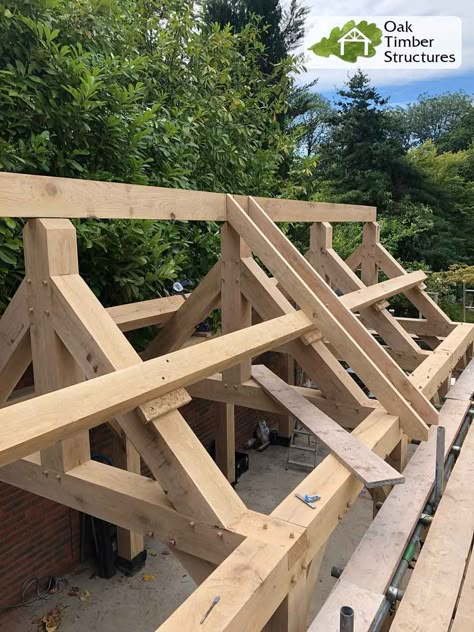 Oak Gazebo Build 4 - Oak Timber Structures - Oak Timber Structures Timber Structure Architecture, Oak Garden Structure, Oak Timber Frame, Timber Frame Joints Post And Beam, Oak Porches Timber Frames, Timber Frame Joints, Timber Frame Garage, Oak Gazebo, Modern Timber Frame