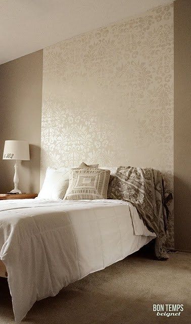 Metallic Stencil on Wall.   Love, love, love!  Great headboard idea. Wallpaper Headboard, Damask Wall, Wall Accent, Wallpaper Bedroom, My New Room, Living Room Interior, Master Bath, Bedroom Makeover, Bedroom Wall